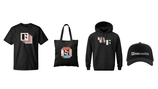 FinnFest 2026 exclusive swag in dark colorway: tee, tote, hoodie, and cap.