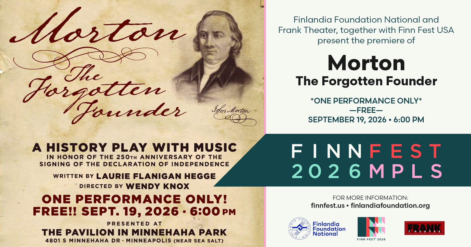 MORTON: The Forgotten Founder — Free World Premiere comedy with music at Minnehaha Park, September 19, 2026